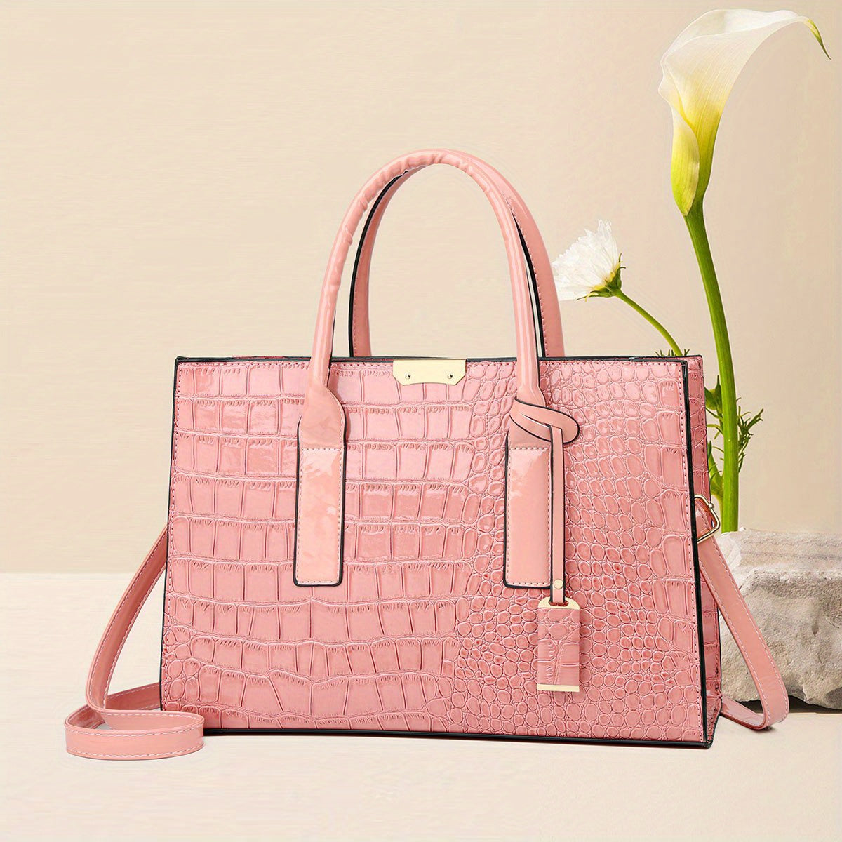 Bolsa Tote Elegante com Estampa Crocodilo, Alça Superior – Luxo Feminina