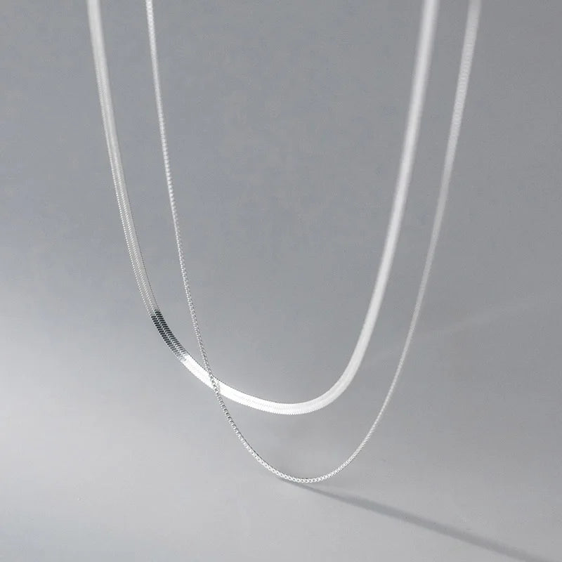 Colar de Corrente Box Dupla Prata S925 - Corrente de Cobra para Clavícula