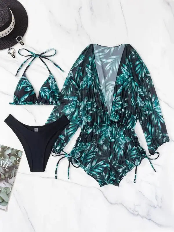 Biquíni de 3 Peças com Impressão Floral Areia Dourada