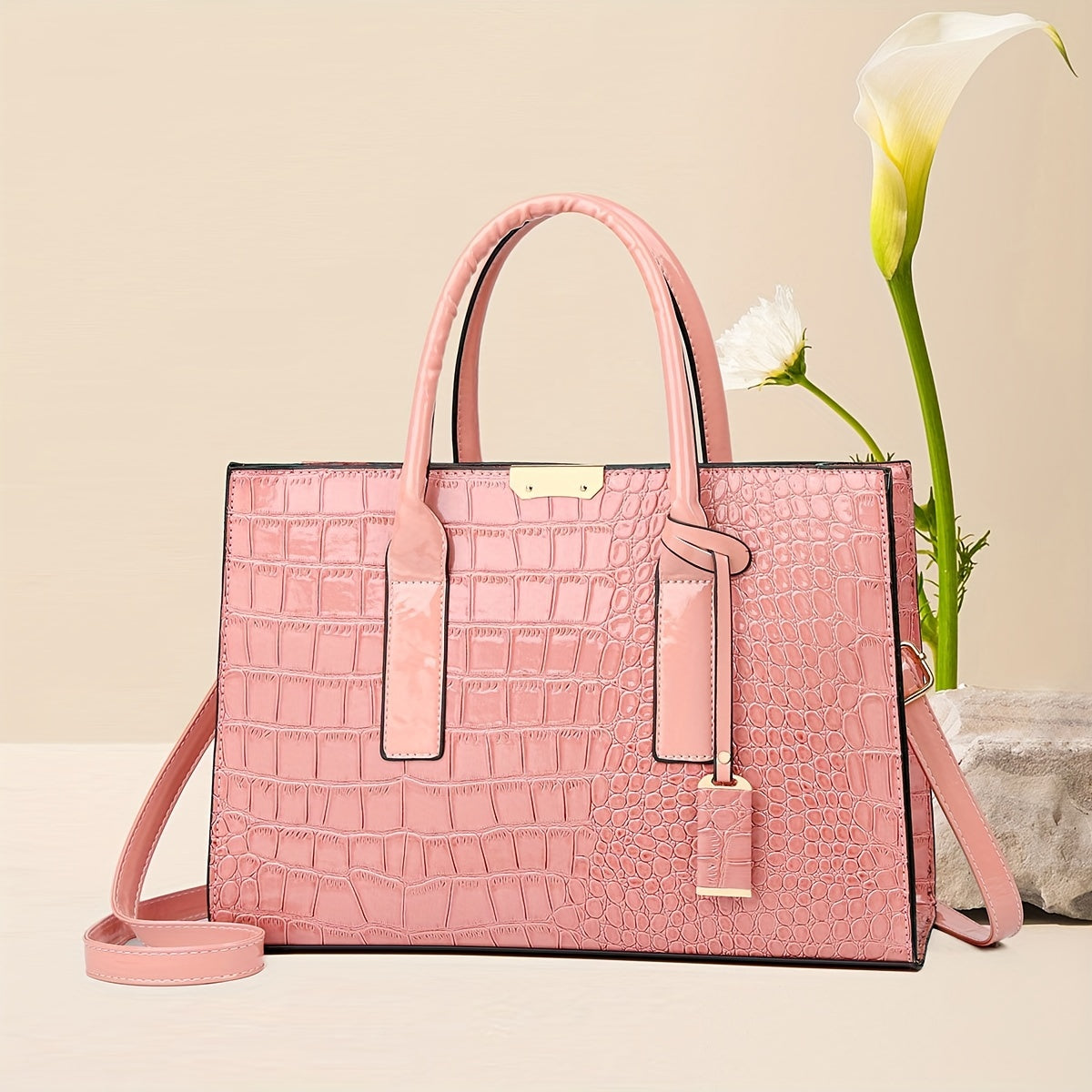 Bolsa Tote Elegante com Estampa Crocodilo, Alça Superior – Luxo Feminina