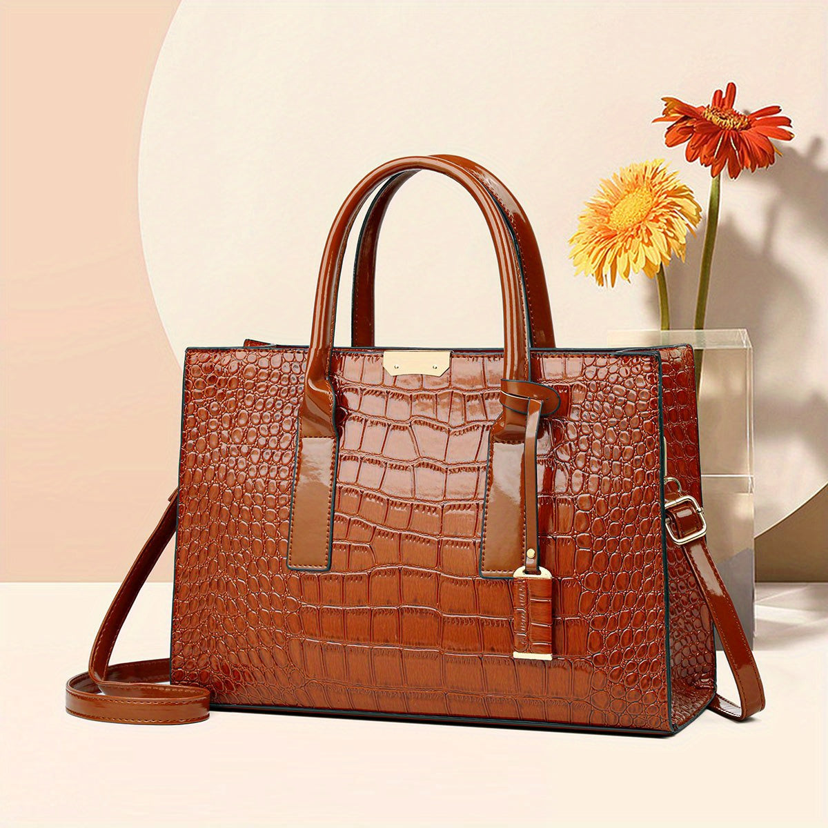 Bolsa Tote Elegante com Estampa Crocodilo, Alça Superior – Luxo Feminina