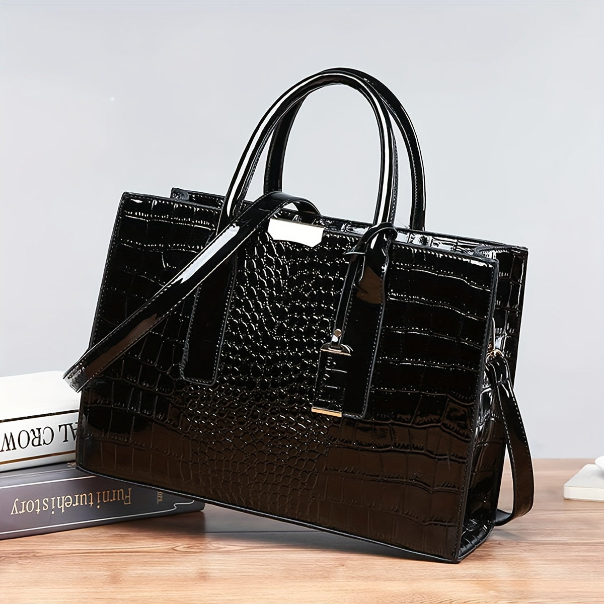 Bolsa Tote Elegante com Estampa Crocodilo, Alça Superior – Luxo Feminina