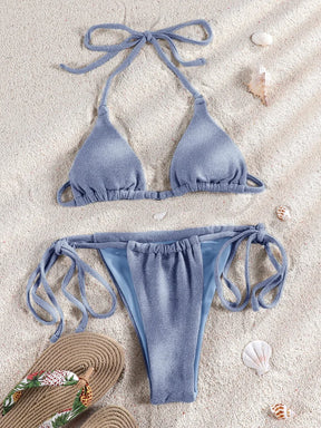 Biquíni Conjunto Triângulo Brilhante com Detalhes em Anéis e Estilo Bandagem