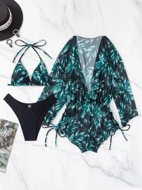 Biquíni de 3 Peças com Impressão Floral Areia Dourada